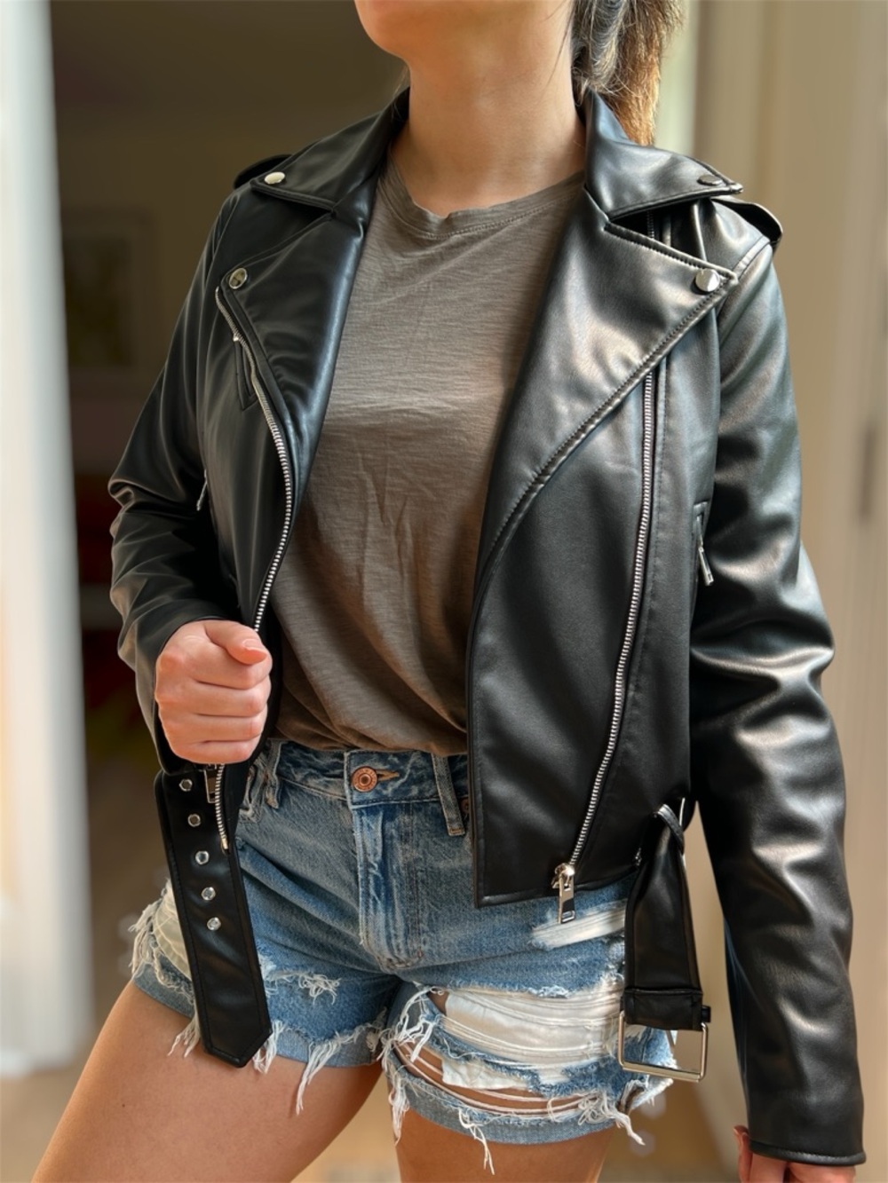 Zara Faux Leather Belted Biker Jacket M Black